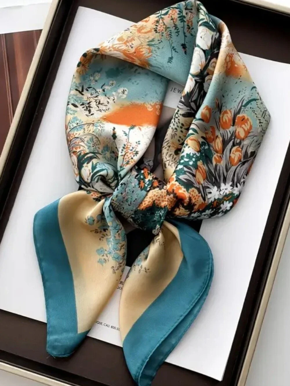 Silk-feel Floral Teal and Beige  Scarf - Women Head Scarf , Neck Scarf